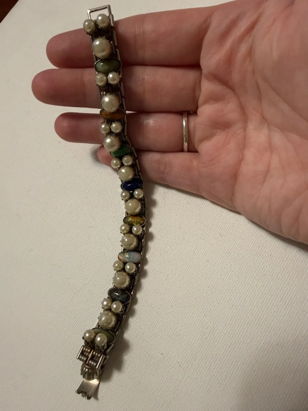 Elegant Antique Rare Multi-Color Faux Pearl and Cabochon Stretch Bracelet